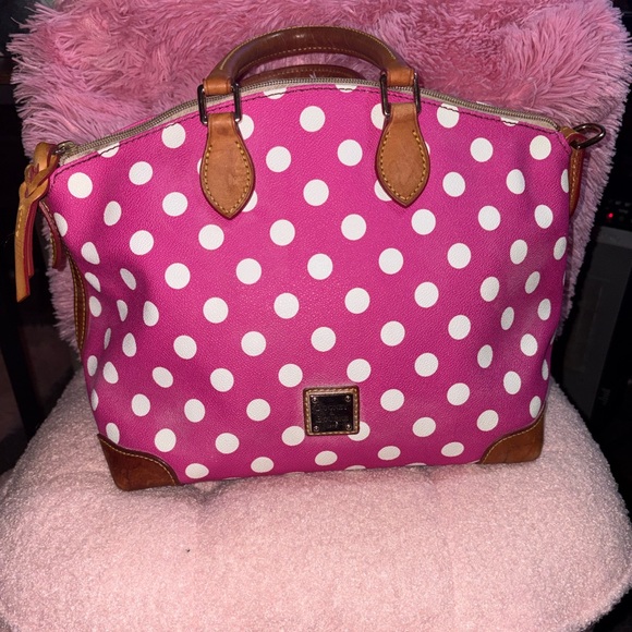 Dooney & Bourke Handbags - Dooney & Bourke Hot Pink and White Polka Dot Satchel with Brown Trim